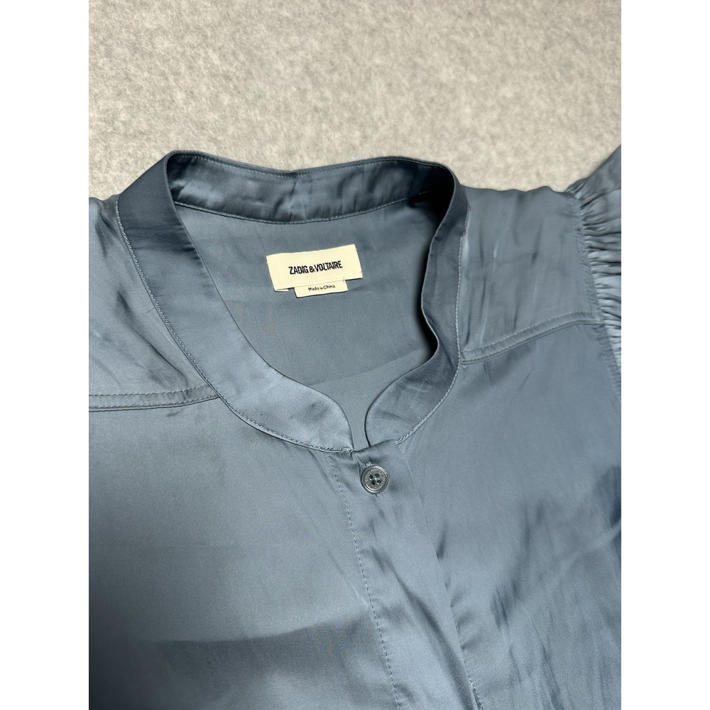 Zadig & Voltaire Tiza Satin Ruffle Top In Bluestone Woman's Size Medium $348 - Picture 6 of 10